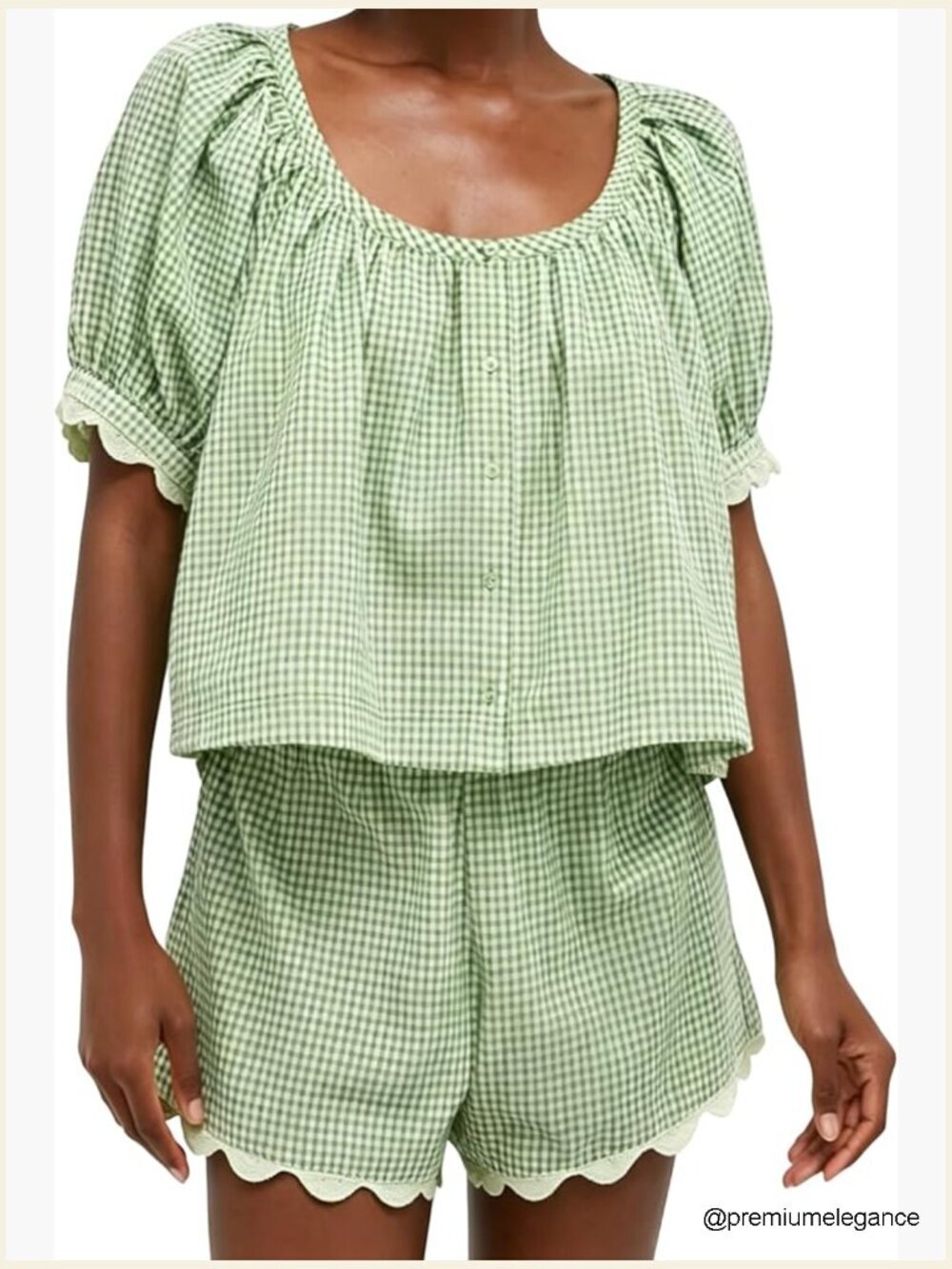 Two Piece Set Puff Sleeve Top Matching Shorts Scalloped Hem
